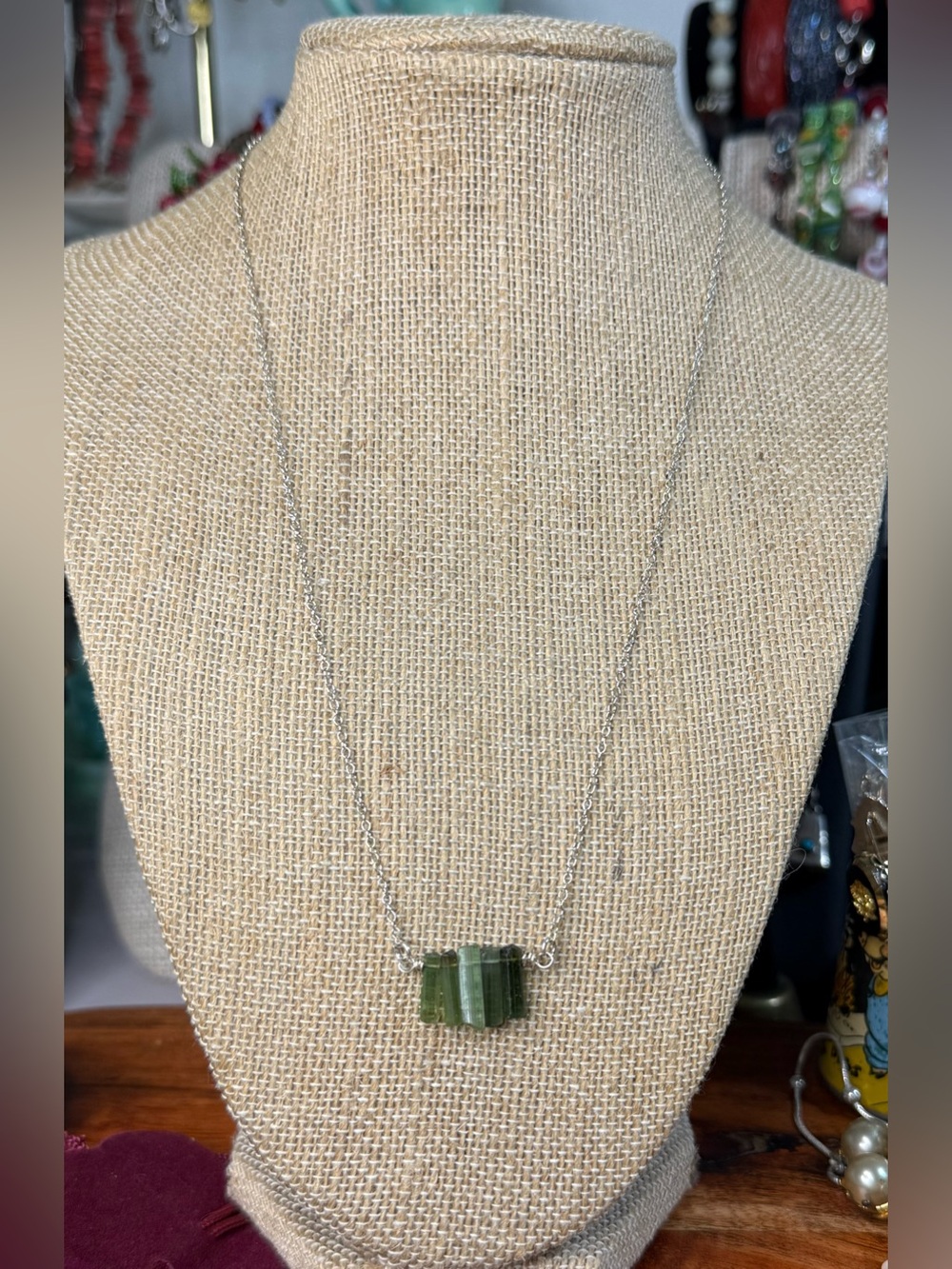 Natural Green Tourmaline Bar Pendant Necklace- Sterling 925 chain